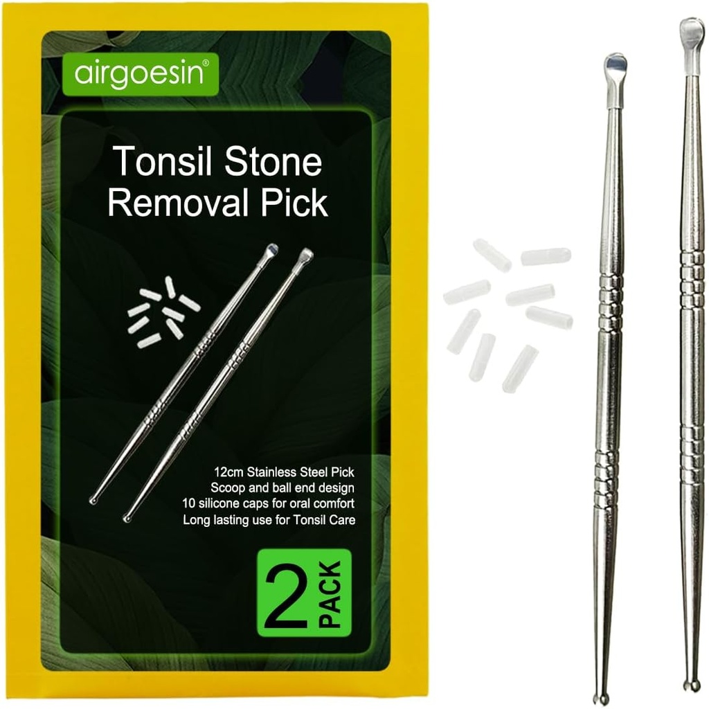 Airgoesin 2pcs Tonsil Stone Eemaldamine Vali Tonsillolith Premium Tool Roostevabast terasest Suukaudne Puhastaja 10 Soft Silicone Caps