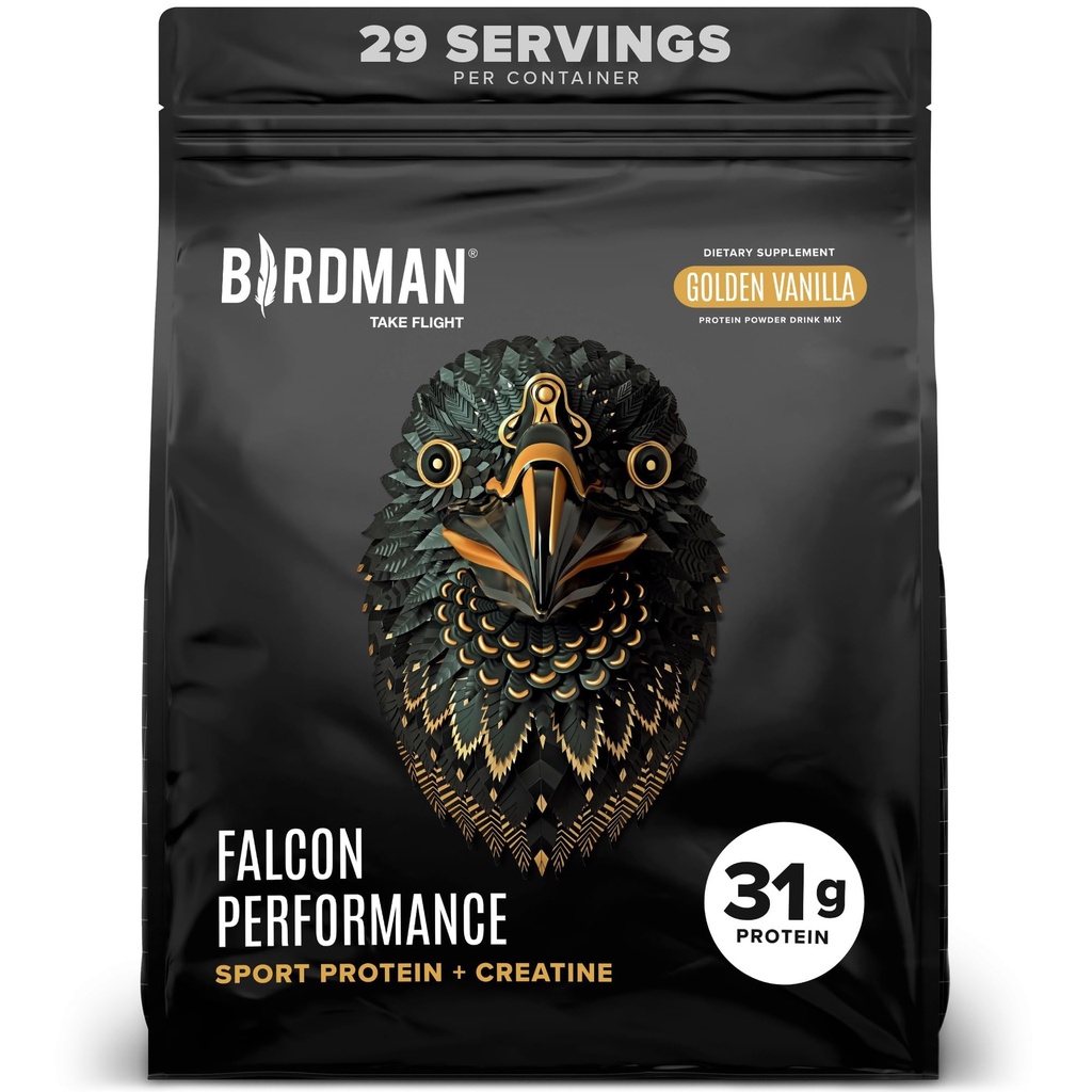 BIRDMAN Falcon Performance Vegan valgu pulber, 31 g valku, 5 g kreatiini, 5 g BCAA, probiootikumid, elektrolüüdid, eeltreening, madal süsivesik, suhkruvaba ja piimavaba, taimepõhine vanilje valk, 29 serveerimist