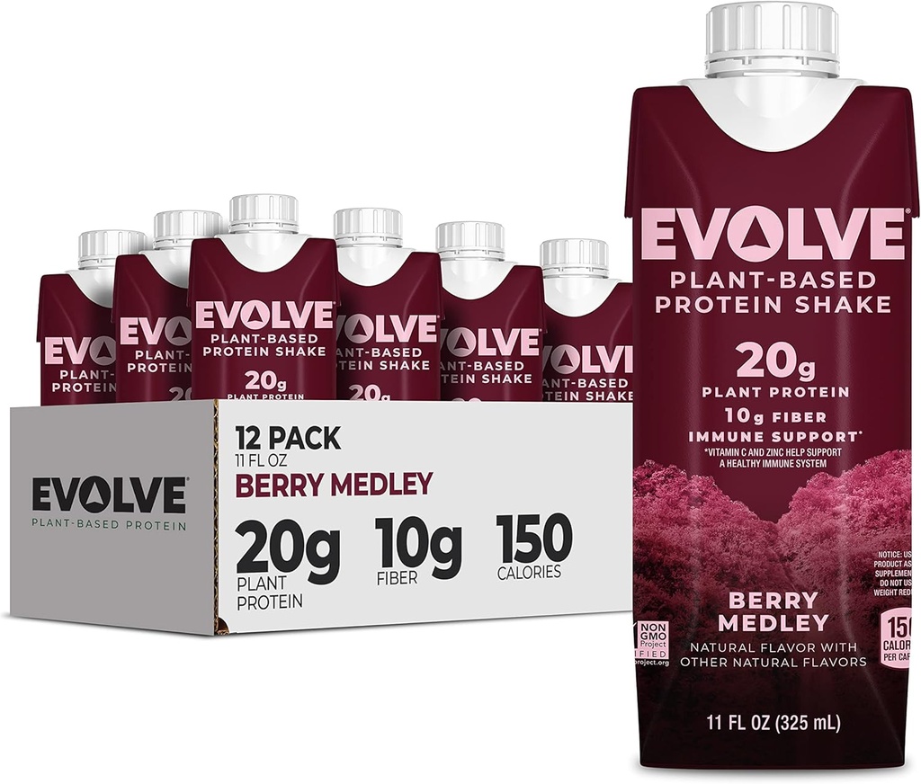 Arenev taimepõhine valgu raputamine, Berry Medley, 20 g veganproteiini, immuunsuse tugi, C-vitamiin ja tsink, piimavaba, kunstlikke magusaineid ei ole, mitte-GMO, 10 g kiudaineid, 11oz, (12 Pack) (Formula May Vary)