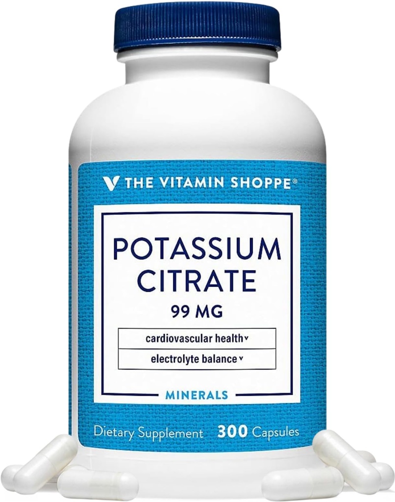 Vitamiin Shoppe kaaliumtsitraat 99MG - toetab südame-veresoonkonna tervist, soodustab rakkude funktsiooni ja aitab säilitada elektrolüütide tasakaalu üldise heaolu jaoks (300 kapslit)