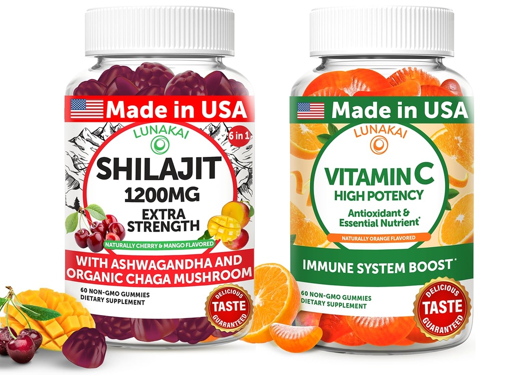 Lunakai USA Made Shilajit & C-vitamiin Suure potentsiaaliga Gummies Bundle - energia ja immuunsuse tugi - mitte-GMO ja maitsev