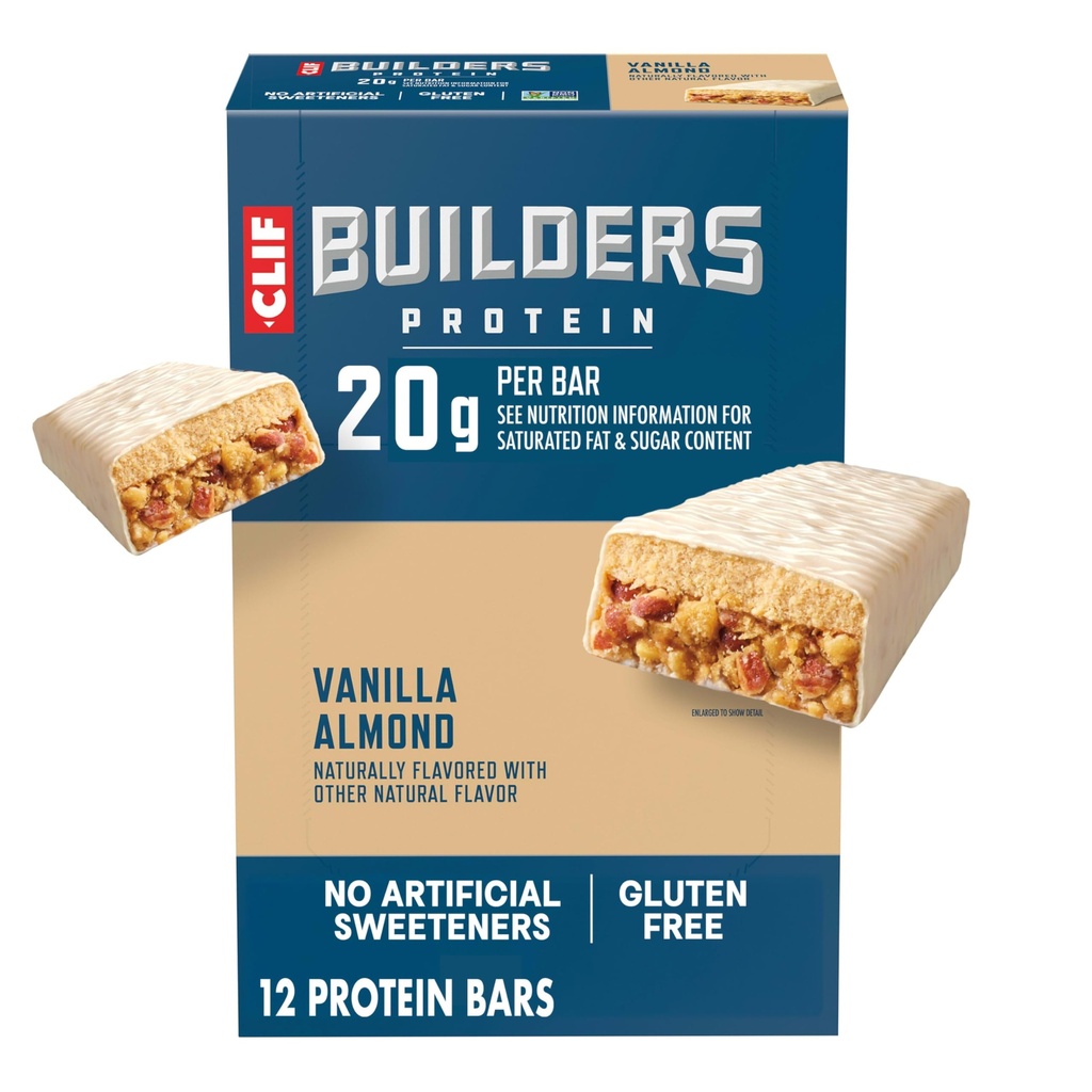CLIF BUILDERS Protein Bars - Vanilla Almond Flavor - 20g Taimne Valk - Gluteenivaba - Mitte-GMO - Madal Glükeemiline - Kunstlike magusainete puudumine - 2,4 oz. (12 Pack)