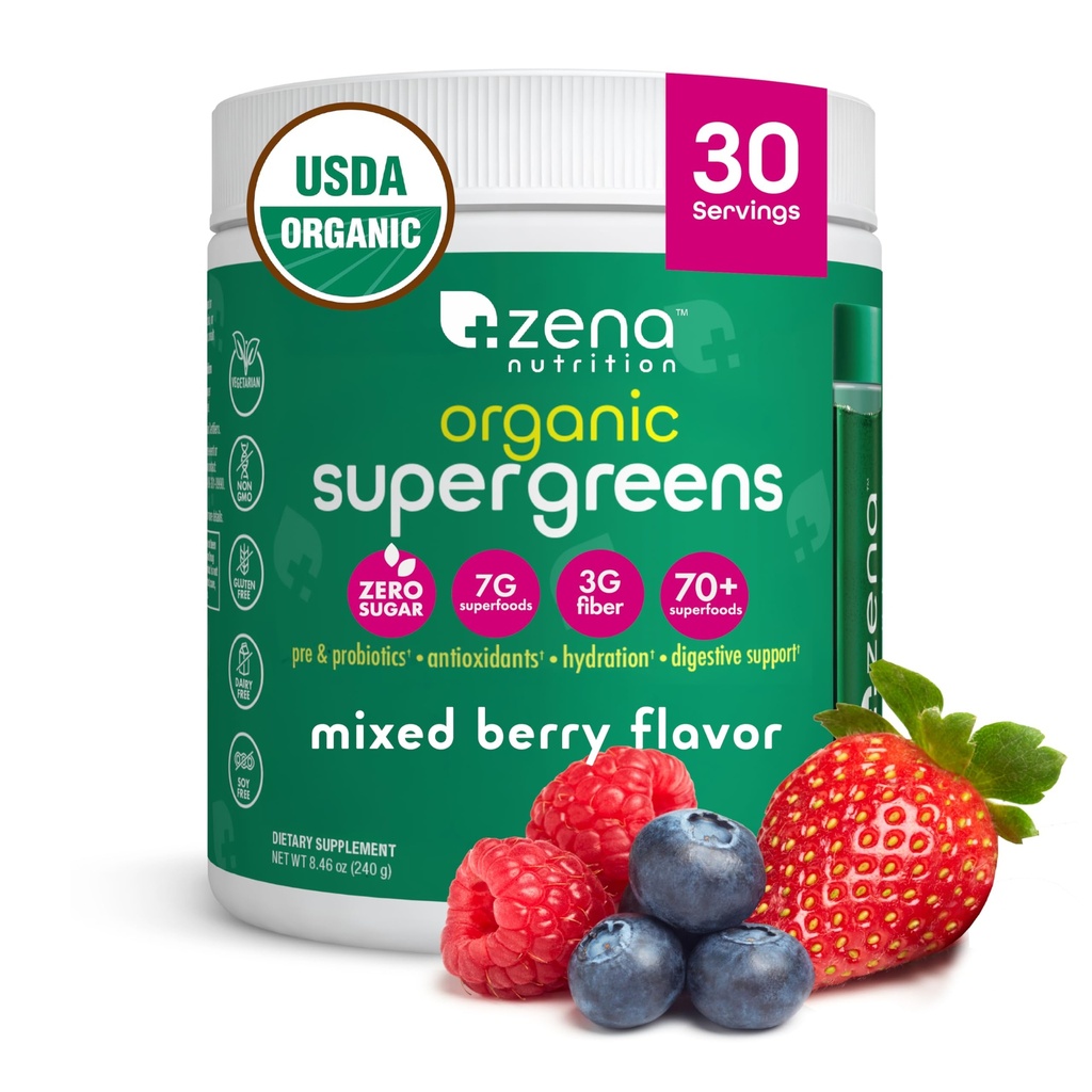 Zena Nutrition Organic Super Greens Pulber, 70+ Superfoods, 0 Suhkur, 3G Fiber, Spirulina, Chlorella, Antioksüdandid, Prebiootikumid/Probiootikumid, Seedeensüümid, Segatud Berry, 30 Servingut