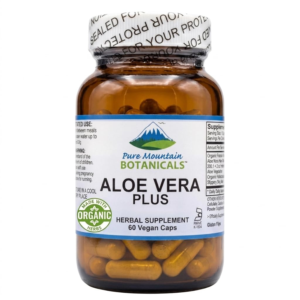 Pure Mountain Botanicals Aloe Vera Plus Capsules 200:1 Extract. Kosher Organic Dried Aloe Vera Gel, Vahukommi Juur, Libe Elm
