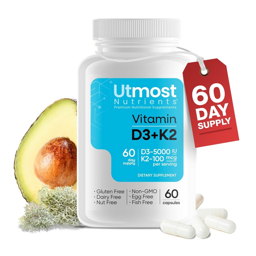 D3-vitamiin K2-5000iu D-vitamiini ja 100 mcg K-vitamiini lisandiga ühes kapslis maksimaalse biosaadavuse jaoks - suurendab kaltsiumi imendumist südame-veresoonkonna, immuunsüsteemi ja luude tervise jaoks (60 kapslit)