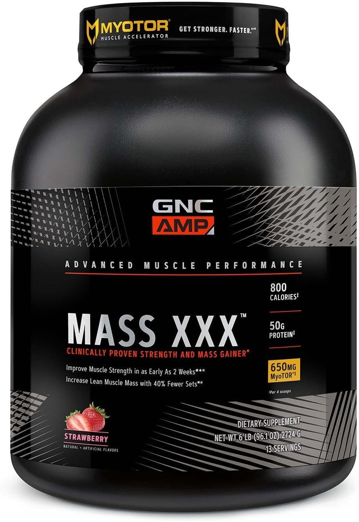 GNC AMP mass XXX, kliiniliselt tõestatud kaalulangetaja valgu pulber, parandab tugevust ja suurust, 780 kalorit, 50 g valku, mikroniseeritud aminohappeid, kreatiini, betaiini, maasikat, 13 serveerimist, 6 naela