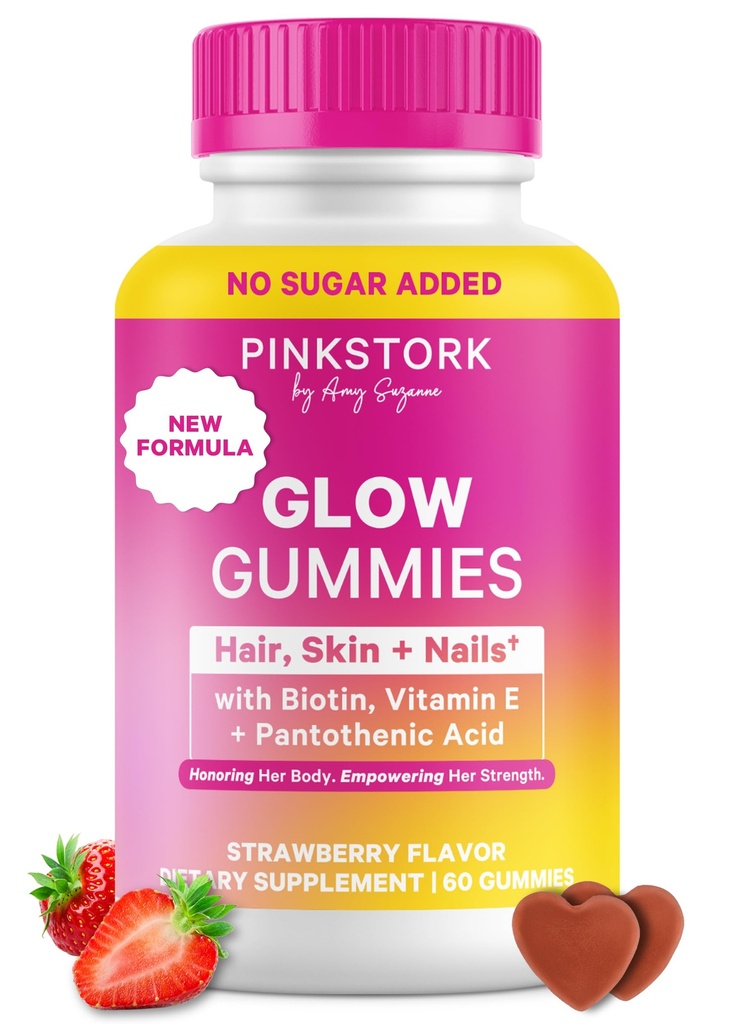 Pink Stork Total Glow Gummies for Women – Hair, Skin & Nails Vitamin with Biotin, Vitamin A, B6, B12, Folate, Zinc & More – Support for Radiant Skin, Strong Nails, and Healthy Hair – 60 Berry Gummies