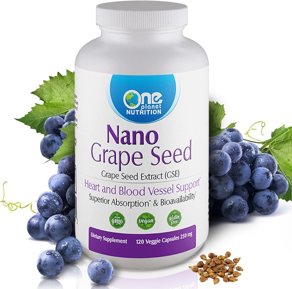 Üks planeet Toitumine Nano Viinamarjade Seed Ekstrakt 250 mg Veggie Kapslid (120 Servings), Nano Tõhustatud Imendumine, Toetab Antioksüdant Tervis Vaskulaarsed Tervis, Mitte-GMO, Vegan, Gluteenivaba