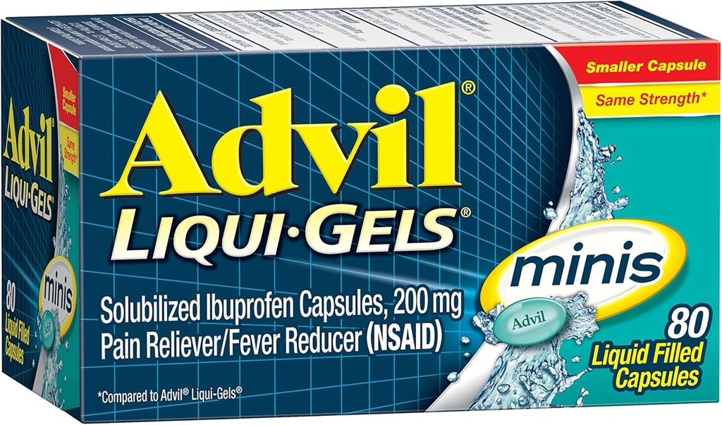 Advil Liqui-Gels Minis Valu leevendaja ja palaviku vähendaja, valuvaigistid täiskasvanutele ibuprofeeniga 200 mg valu leevendamiseks - 80 vedelat täidetud kapslit