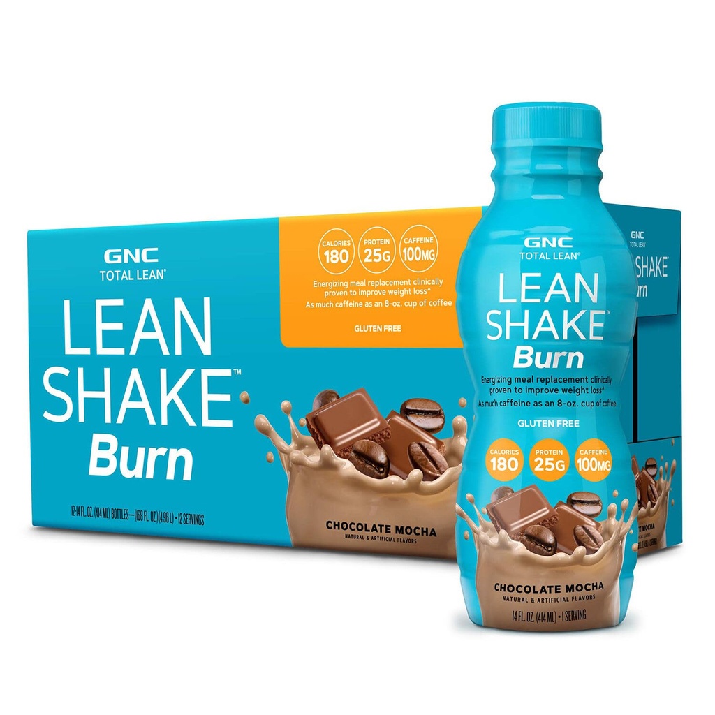 GNC Lean Shake Burn kofeiiniga, toidu asendamine, šokolaad Mocha, 25g valk, kliiniliselt tõestatud kehakaalu juhtimine, valmis jooma, nulllisatud suhkur, 14 oz pudelid, pakend 12