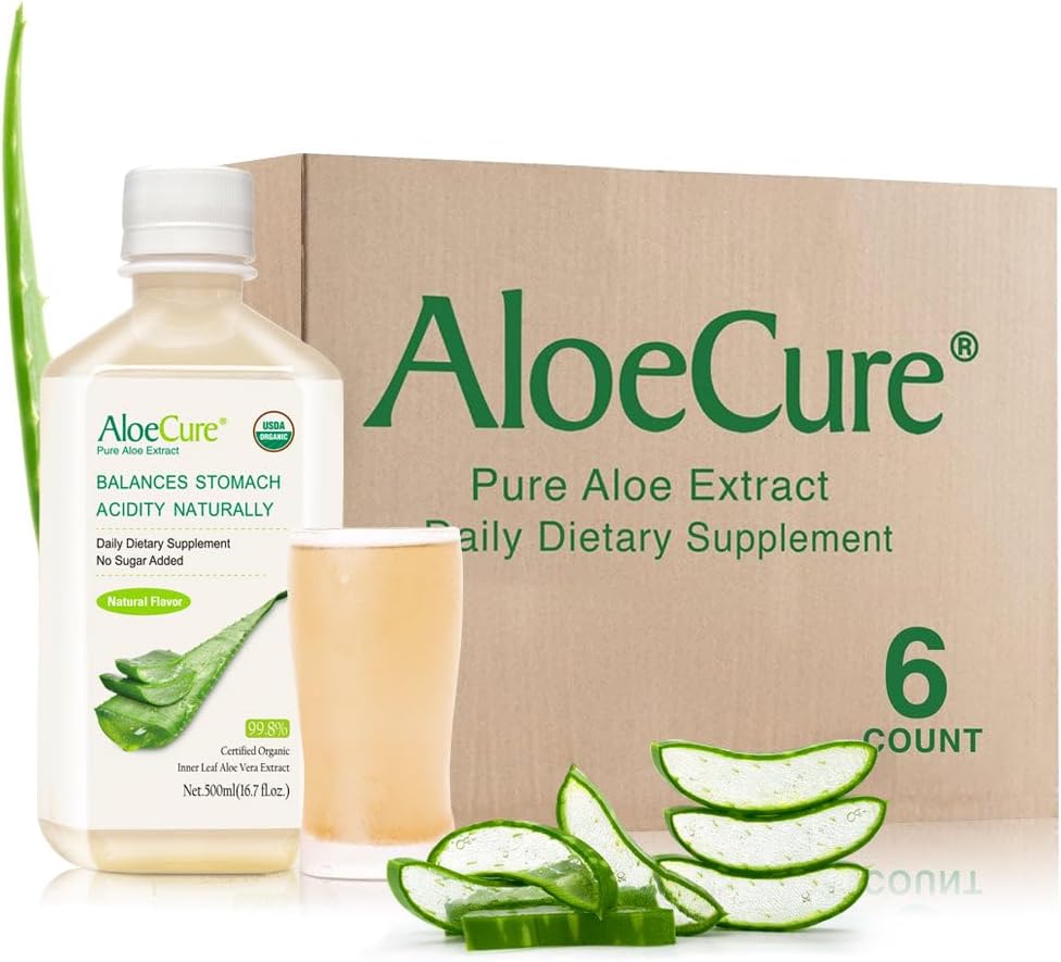 AloeCure USDA orgaaniline Aloe Vera mahl, mis on valmistatud 12 tunni jooksul saagikoristusest - puhas Aloe mahl Looduslik seeditav lisand seedimist, immuunsüsteemi ja tasakaalustatud kõhuhapet, 6 x 500 ml pudelit