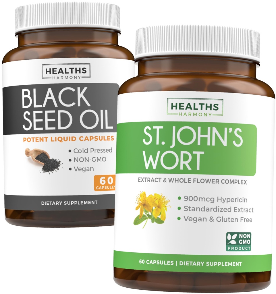 Mustseemneõli ja naistepuna (1-kuuline pakkumine) Serene Bundle of Black Seed Oil (60 kapslit) Külmpressitud Nigella Sativa & naistepuna (60 kapslit) võimsa 900mcg hüperitsiiniga