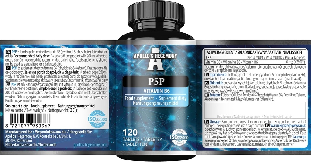 Püridoksaal-5-fosfaat (P-5-P) 50 mg tableti kohta - 120 vegan tabletti - 480 serveerimise pakkumine - toetab närvi- ja psühholoogilisi funktsioone - vitamiini B6 toidulisand - Apollo hegemoonia