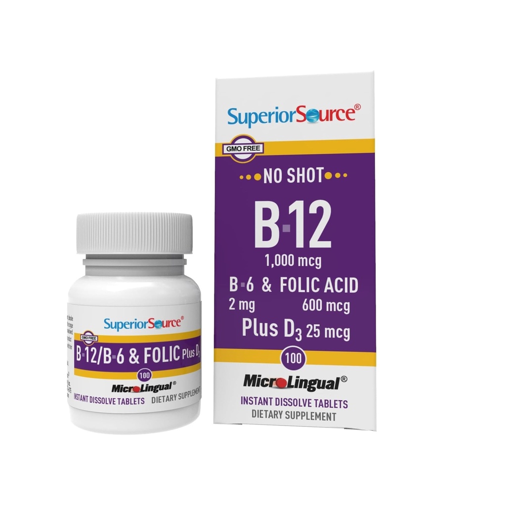 Superior Allikas No Shot Vitamiin B-12 Tsüanokobalamiin 1000 mcg, B-6, foolhape ja vitamiin D-3 1000 RÜ - toetab energia, aju, südame ja luude tervist - 100 keelealuse lahustamise tabletti