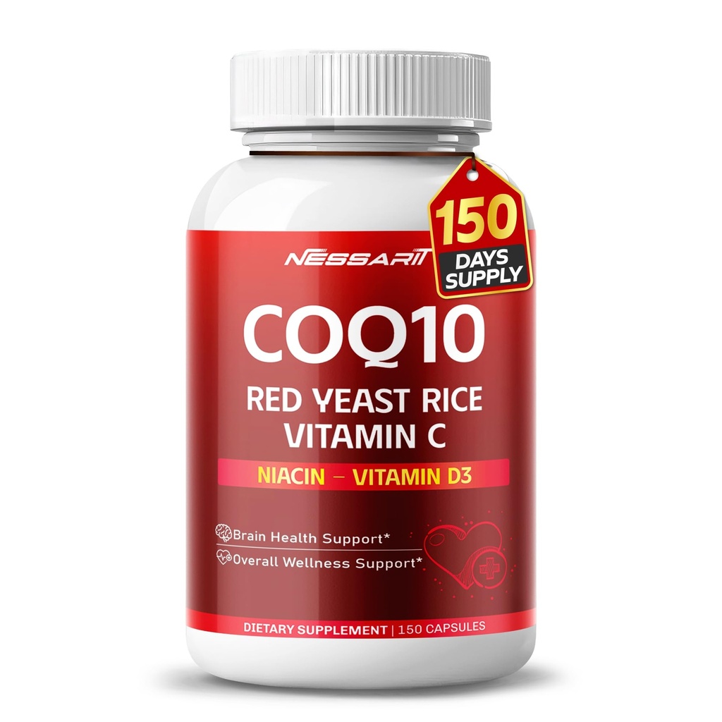 COQ10 + punase pärmi riisi lisand - 10-in-1 looduslik segu Omega 3 vitamiiniga B3, K2, D3, tsinkpiimaohakas must pipar - 150 loendit - valmistatud ja testitud USA-s