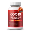 COQ10 + punase pärmi riisi lisand - 10-in-1 looduslik segu Omega 3 vitamiiniga B3, K2, D3, tsinkpiimaohakas must pipar - 150 loendit - valmistatud ja testitud USA-s