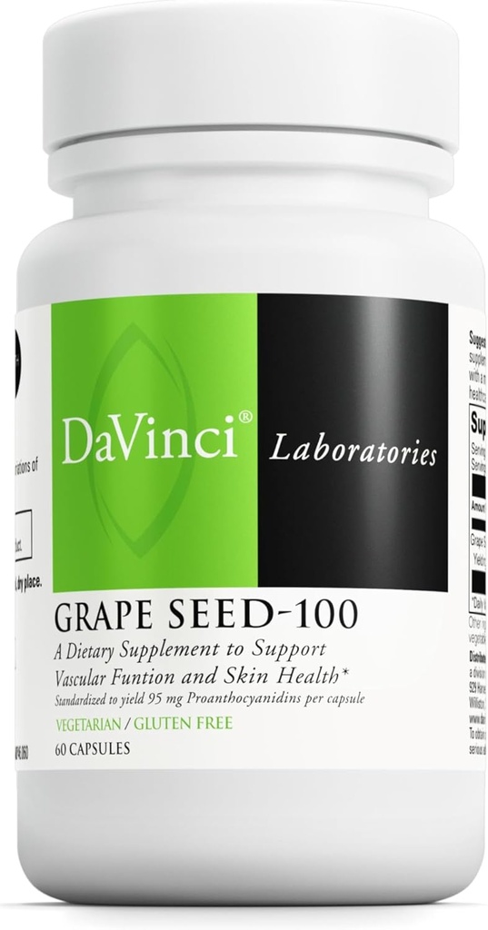 DAVINCI Labs Viinamarjade Seed-100 - toidulisand immuunsüsteemi, veresoonte funktsiooni ja tervisliku naha toetamiseks * - 100 mg viinamarjaseemne ekstraktiga serveerimise kohta - gluteenivaba - 60 taimekapslit