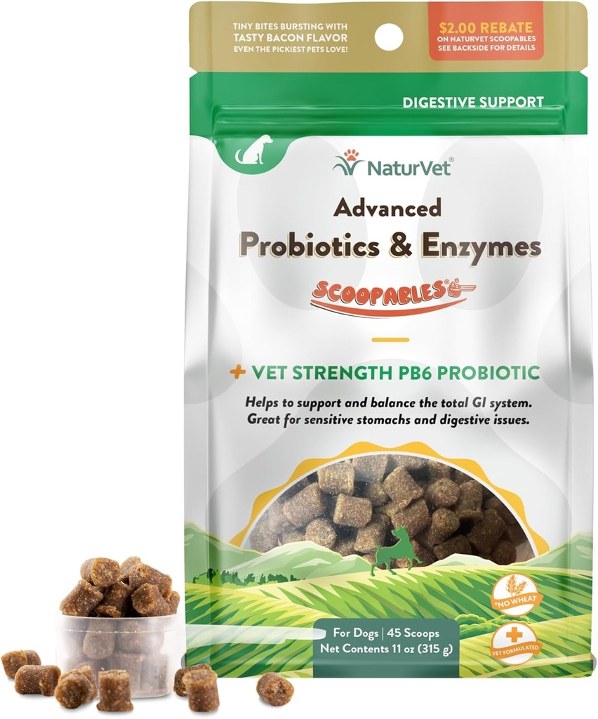 NaturVet Scoopables Täiustatud probiootikumid koertele - näritav koera probiootikumid ja seedeensüümid - toetada lemmiklooma tervislikku soolestikku - Hickory Smoked Bacon Flavor | 11oz Bag