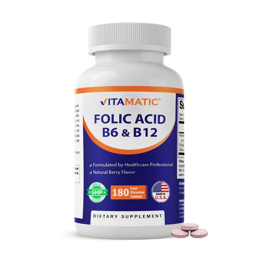 Vitamaatiline foolhape, vitamiin B12 ja B6 - 180 kiiret lahustavat tabletti südame tervise, energiatootmise ja punaste vereliblede tugi