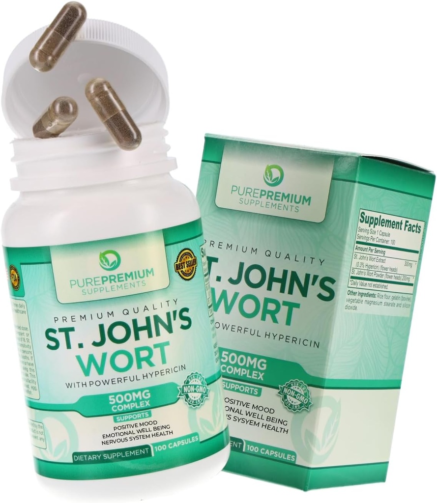 Pure Premium St. Johns Wort kapslid 500mg - meeleolutoetuslisand - taimsed ja looduslikud normaalsed stressilisandid - St John Wort toetavad positiivset meeleolu meestele ja naistele - 3 kuud pakkumine - 100 kapslit