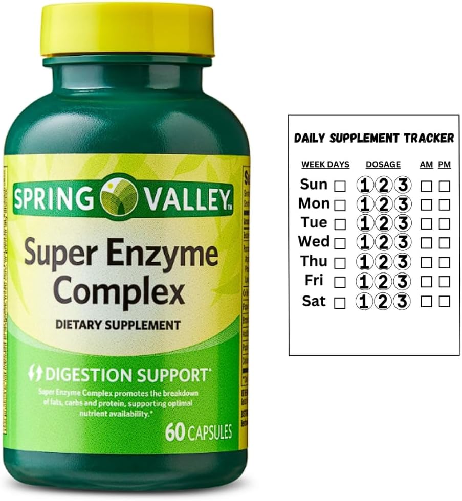 Spring Valley Super Enzyme Complex Dietary Supplement for Digestive Support, 60 kapslit + Daily Supplement Tracker Sticker