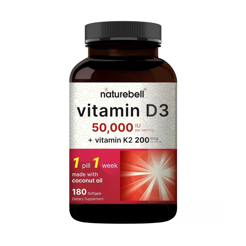 NatureBell Vitamiin D3 50 000 RÜ + K2 200 mcg, 180 Softgels | Üks nädal valem kookosõliga | Max Tugevusluu, südame ja immuunsuse tugi | MK-7 vorm | Mitte-GMO