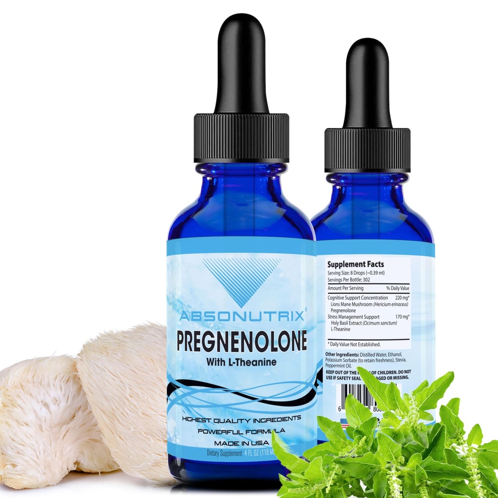 Absonutrix Pregnenolone koos L-Theanine Advanced Formula 390 mg, 4 Oz Vedelik, 302 Servings, Made in USA, Quick Absorption, Quality Potent Ingredients, Non-GMO, GMP Certified Facility