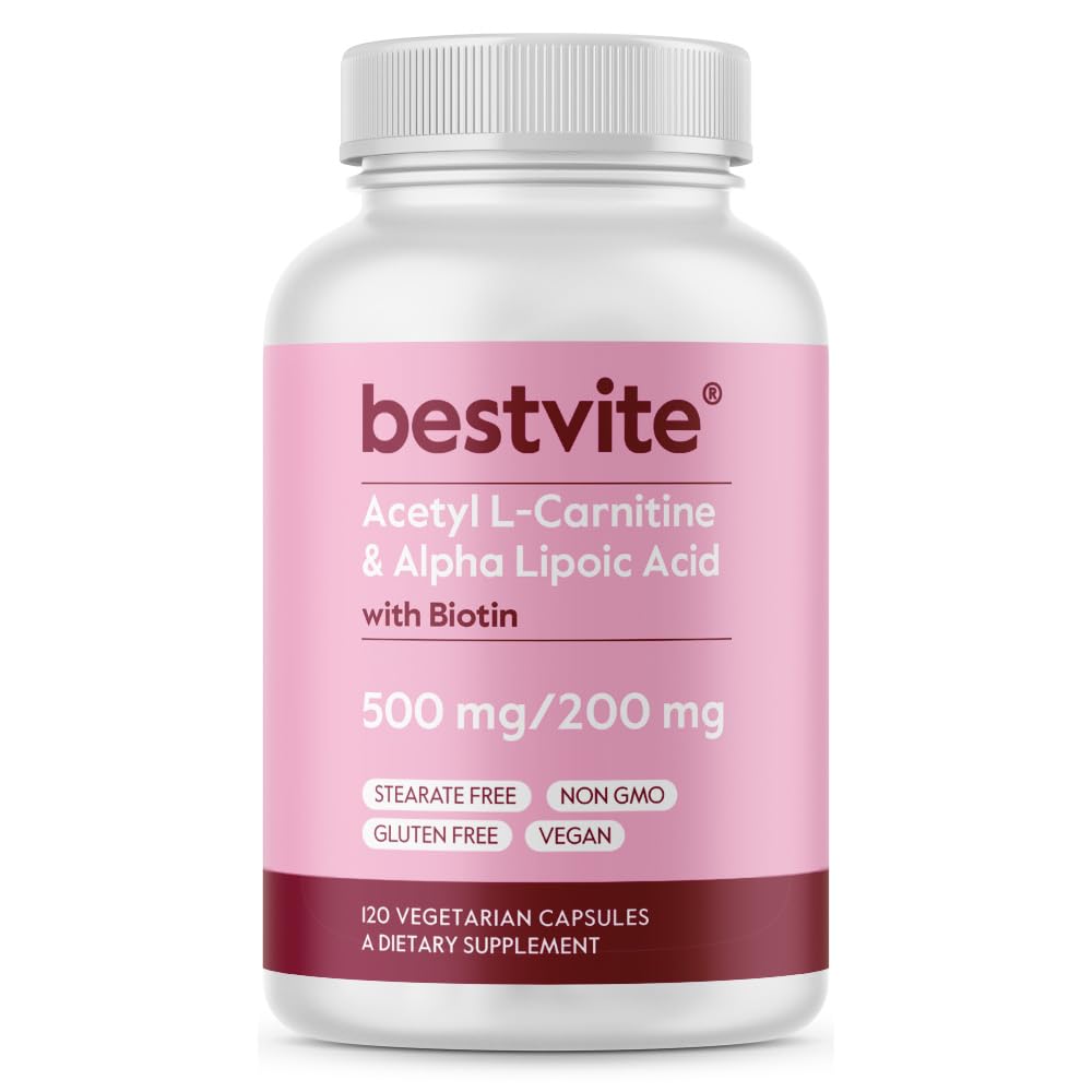 BESTVITE Atsetüül L-karnitiin 500 mg & alfa-lipohape 200 mg kapsli kohta koos biotiiniga (120 taimekapslit) - Steaate ei ole - vegan - mitte GMO - gluteenivaba