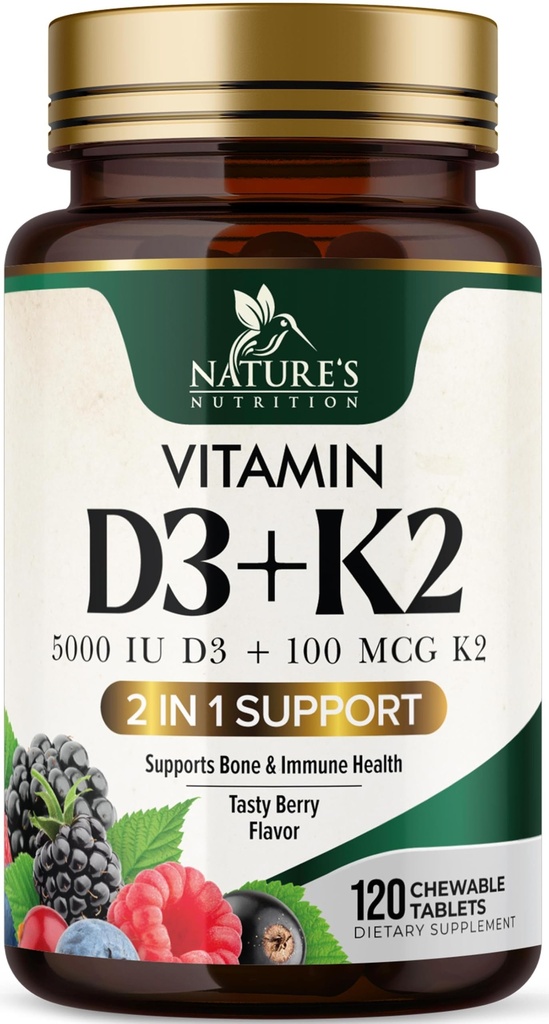 Vitamiin D3 K2 täiendus | 5000 IU D3 + K2 100 mcg | MK-7 K2 koos vitamiiniga D | toetab immuunsust, südant, hambaid ja luude tervist - looduse kerge närida, VIT D3 K2, mitte-GMO, maitsev marjamaitse - 120 tabletti