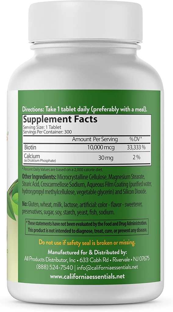 California Essentials Biotin 10000mcg  Vitamin Vitamiin B7 soodustab tervislikku nahka, juuste ja küünte kasvu | Suure potentsiga toidulisand meestele ja naistele | Mitte-GMO, vegan, gluteen ja piimavaba (300 tabletti)