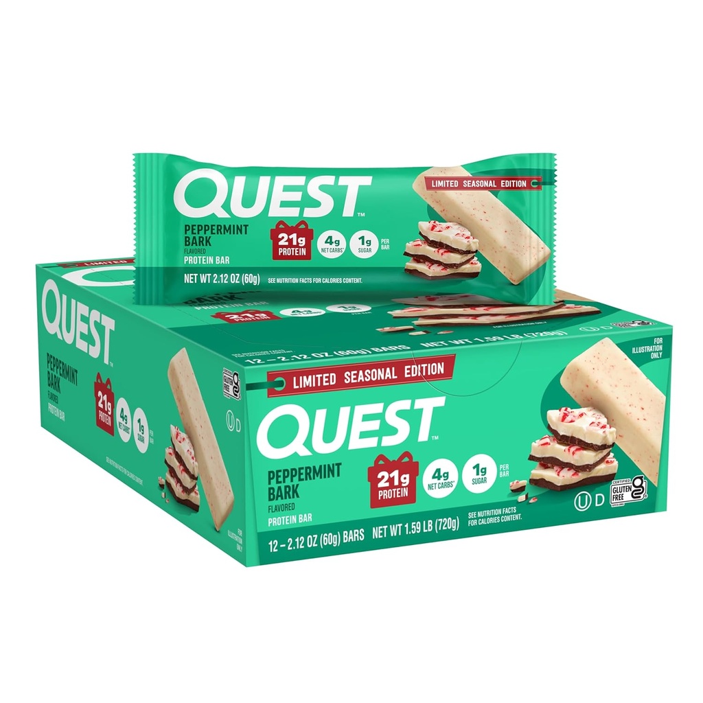 Quest Nutrition Peppermint Bark Protein Bar, 21g Valk, 4g Net Carb, 1g Suhkur, Gluteenivaba, 12 Count