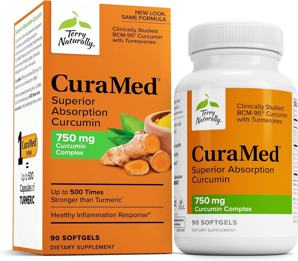 Terry Naturally CuraMed 750mg - Antioksüdandi lisand aju ja südame tervise toetamiseks - toidulisand suure tugevusega kurkumiini kompleksiga - neeru, maksa ja immuunsüsteemi tervisetoetus - 90 softgels