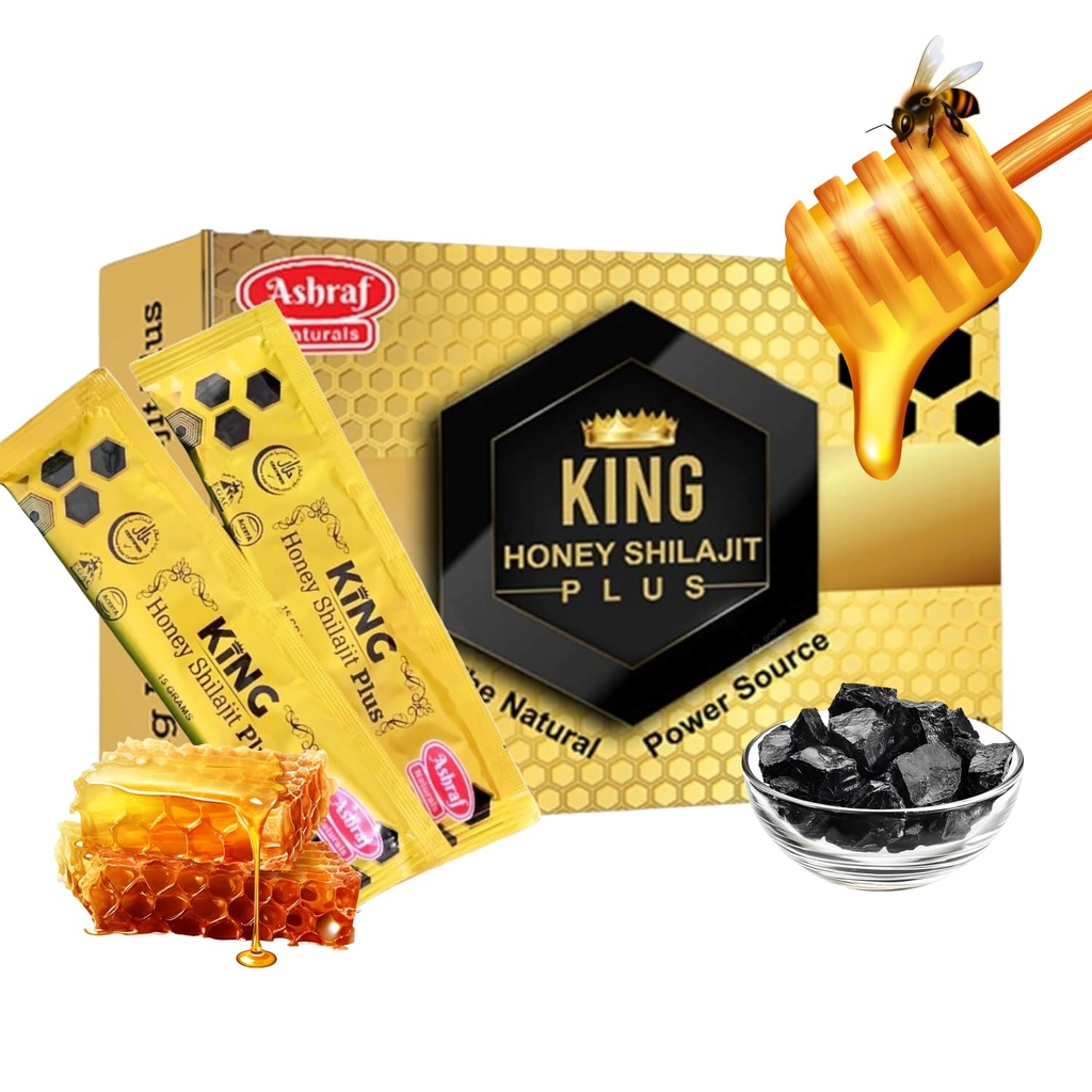 Ashraf Naturals King Honey Shilajit Plus - Premium Honey & Himalayan Shilajit Blend koos taimeekstraktidega, Natural Energy & Vitality Support,15 kotid x 15 g