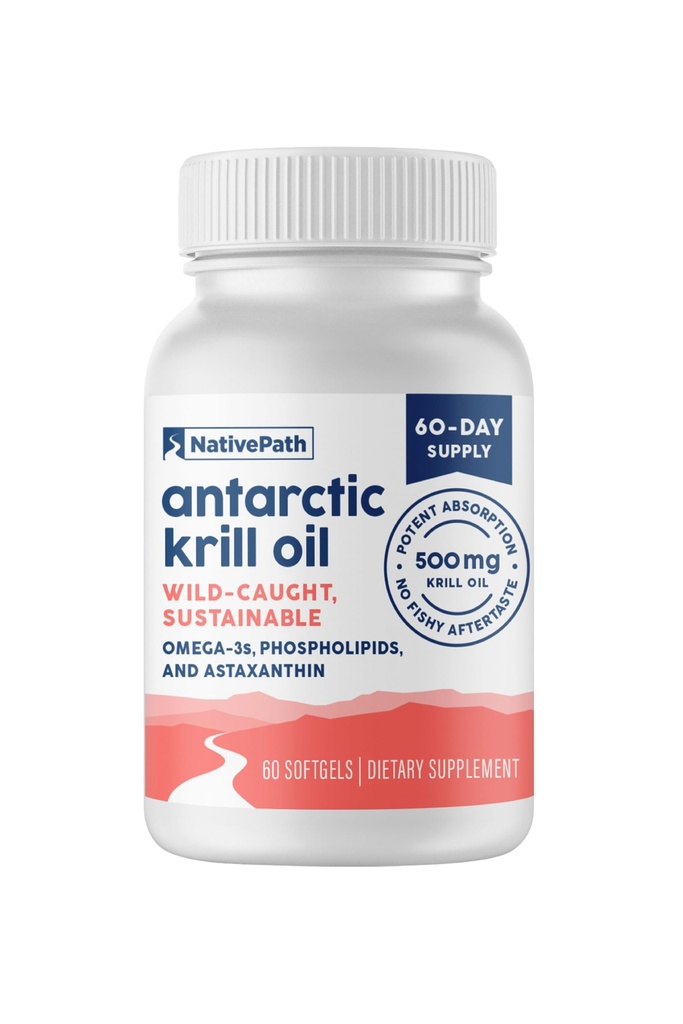 NativePath Antarktika krill õli - Wild-Caught Omega 3 Krill õli 500mg Softgels EPA, DHA ja astaksantiini - täiendus liigese, südame, aju ja immuunsuse - 60 ct - No Fishy Aftertaste