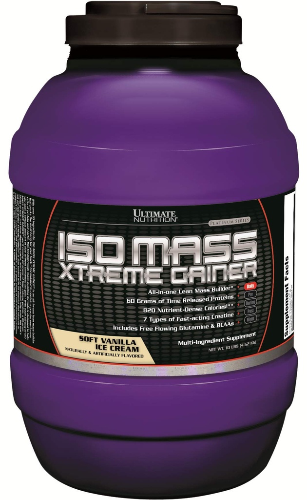 Ultimate Nutrition ISO Mass Xtreme Gainer, Weight Gainer Protein Pulber kreatiiniga, 60 grammi valku, vadaku isolaatvalgu pulber lahja lihaskasvu jaoks, 10 LBS 30 portsjoniga, Vanilla jäätis