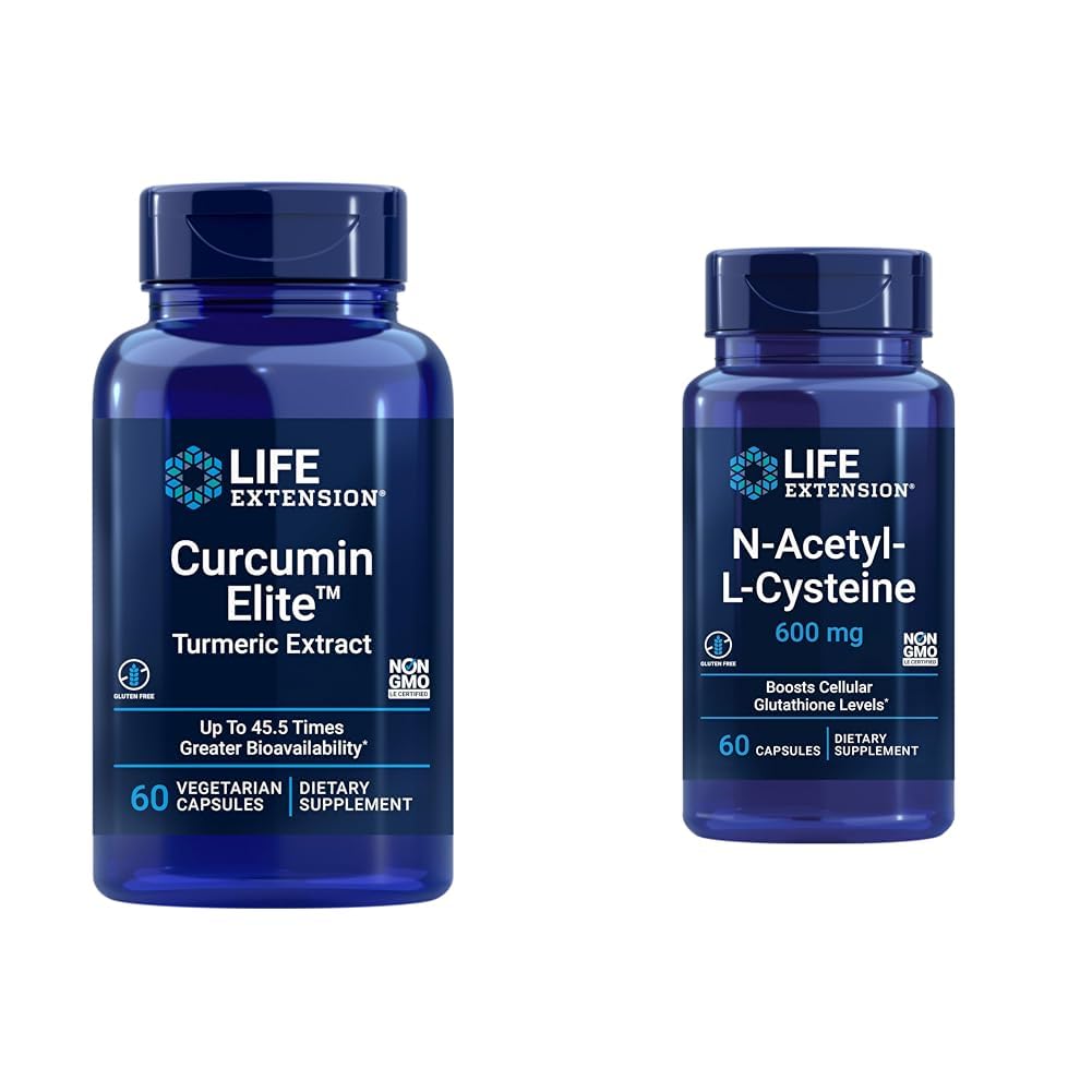 Eluea pikendamine kurkumiin Elite Turmeric Extract & N-Acetyl-L-Cysteine (NAC), Immune, Respiratory, Maksa Tervis, NAC 600 mg, Tugev antioksüdant Toetus, Vabad radikaalid, Lihtne imenduda, 60 kapslit