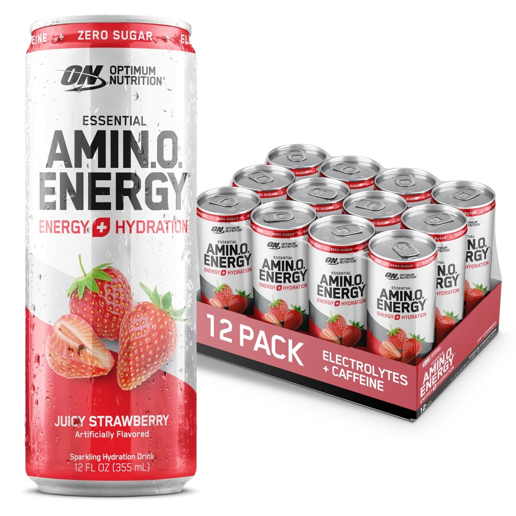 Optimaalne toitumine Amino Energy Sparkling Hüdrastusjook, elektrolüüdid, kofeiin, aminohapped, BCAA-d, suhkruvaba, mahlane maasikas, 12 Fl Oz, 12 Pack (pakendamine võib varieeruda)