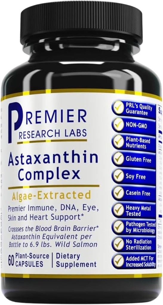 Premier Research Labs Premier Astaxanthin Complex - Astaksanthin Supplements, Astaxanthin 4mg per Capsule, pärineb vetikatest, Antioksüdant Toetus Naistele ja Meestele - 60 Taimekapslit