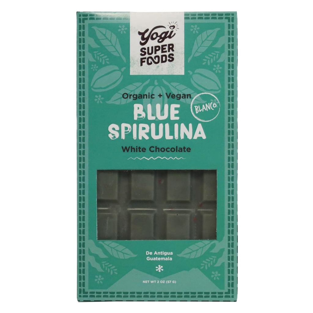 Yogi Super Foods Vegan Valge šokolaad Sinine Spirulina Baar, Tervislik Ja Orgaaniline Energia Boost valmistatud toores kakaovõi, Gluteenivaba kaer, magustatud Panela suhkur, Macadamia pähklid - 1 Bar