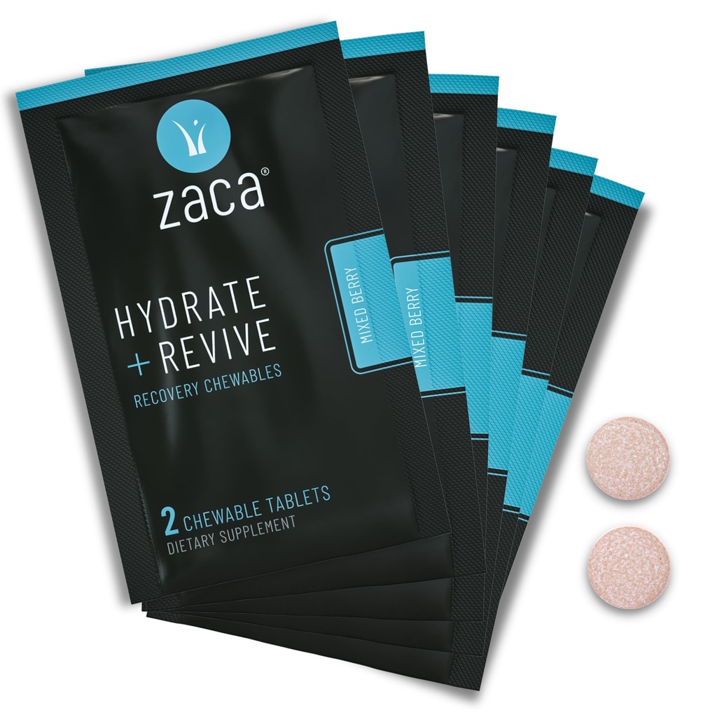 Zaca taastamise närimistable Supplement | Hüdraat + Revive | Pidu, reisimine, treening ja kõrgus | Suhkruvaba & gluteenivaba | Segatud marja, 6 pakendit = 12 tabletti