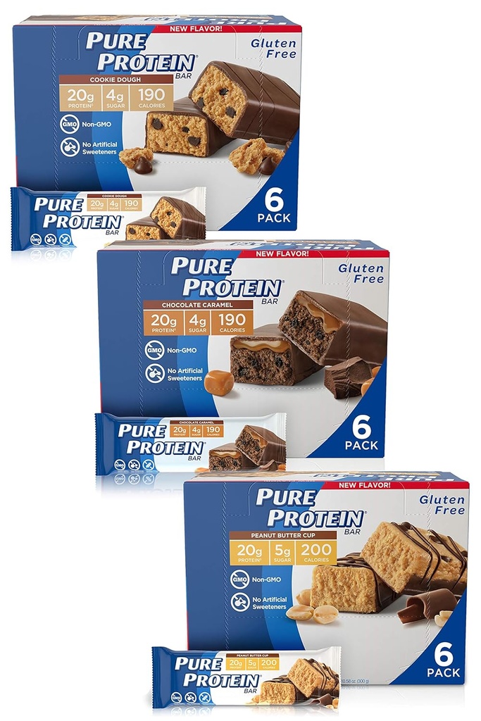 Puhta valgu baarid, kõrge valk, toitainelised suupisted energia toetamiseks, madal suhkur, gluteenivaba, süütevaba sordi pakend (Cookie Dough/Choc Caramel/Manut Butter Cup), 1.76 oz, pakend 18