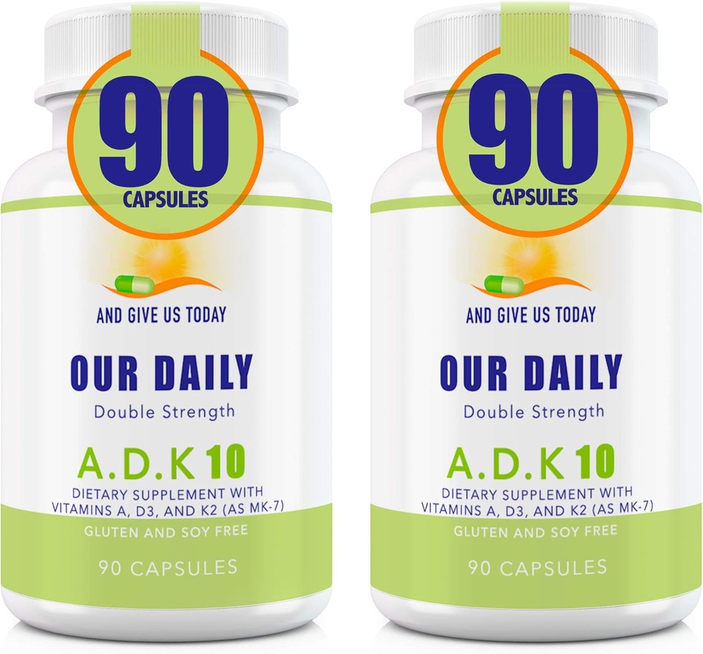 Meie Daily Vites ADK 10 kahekordse tugevusega (10 000 iu) vitamiinid A1, D3 & K2 (MK7) - arsti formuleeritud luu ja immuunsüsteemi tugi - gluteenivaba, mitte GMO - 180 taimekapslit