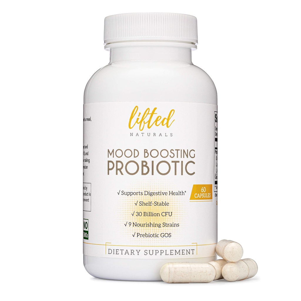 Lifted Naturals Mood Boosting Probiootikum 30 miljardit CFU - Mood Support Supplement, prebiootikumid ja probiootikumid naistele ja meestele, Acidophilus Lactobacillus probiootikum, riiuli stabiilne ja mitte-GMO, 60 kapslit