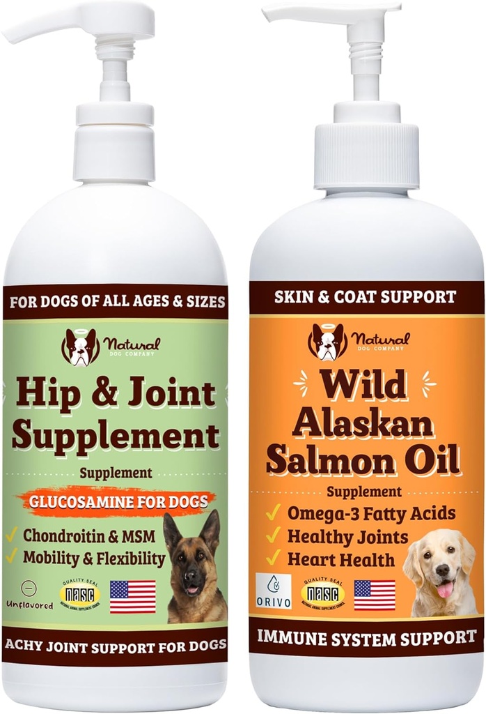 Natural Dog Company 32 oz. Bundle koos metsiku Alaska lõheõli ja vedela glükoosamiiniga koertele, kalaõli lisand, liiges- ja puusatoetus