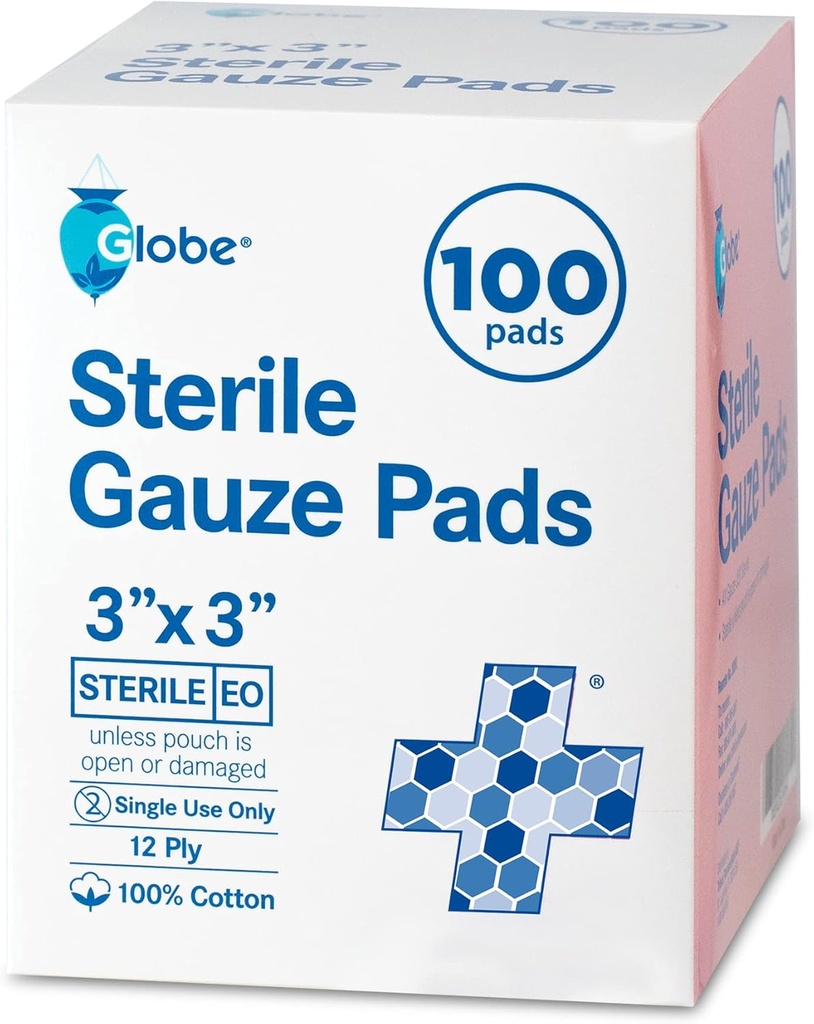 Globe 3'' x 3''' Advanced Sterile Gauze Pads, 100-Pakki Individuaalselt pakendatud - 12-Ply Puuvill Haavahoolduse Riietus, Väga Absorbent Bandages Kodu Ja Hädaabi Kasutamine - Reisimine Ja Esmaabi Kit Essential