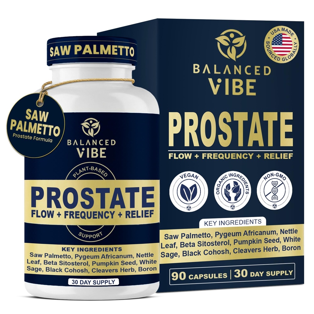 Tasakaalustatud Vibe eesnäärmetoetus meestele | Orgaaniline taimepõhine valem Saw Palmetto, Pygeum & Beeta-Sitosterol | Toetab voolu ja mugavust, päeval ja öösel | 90 Vegankapslit