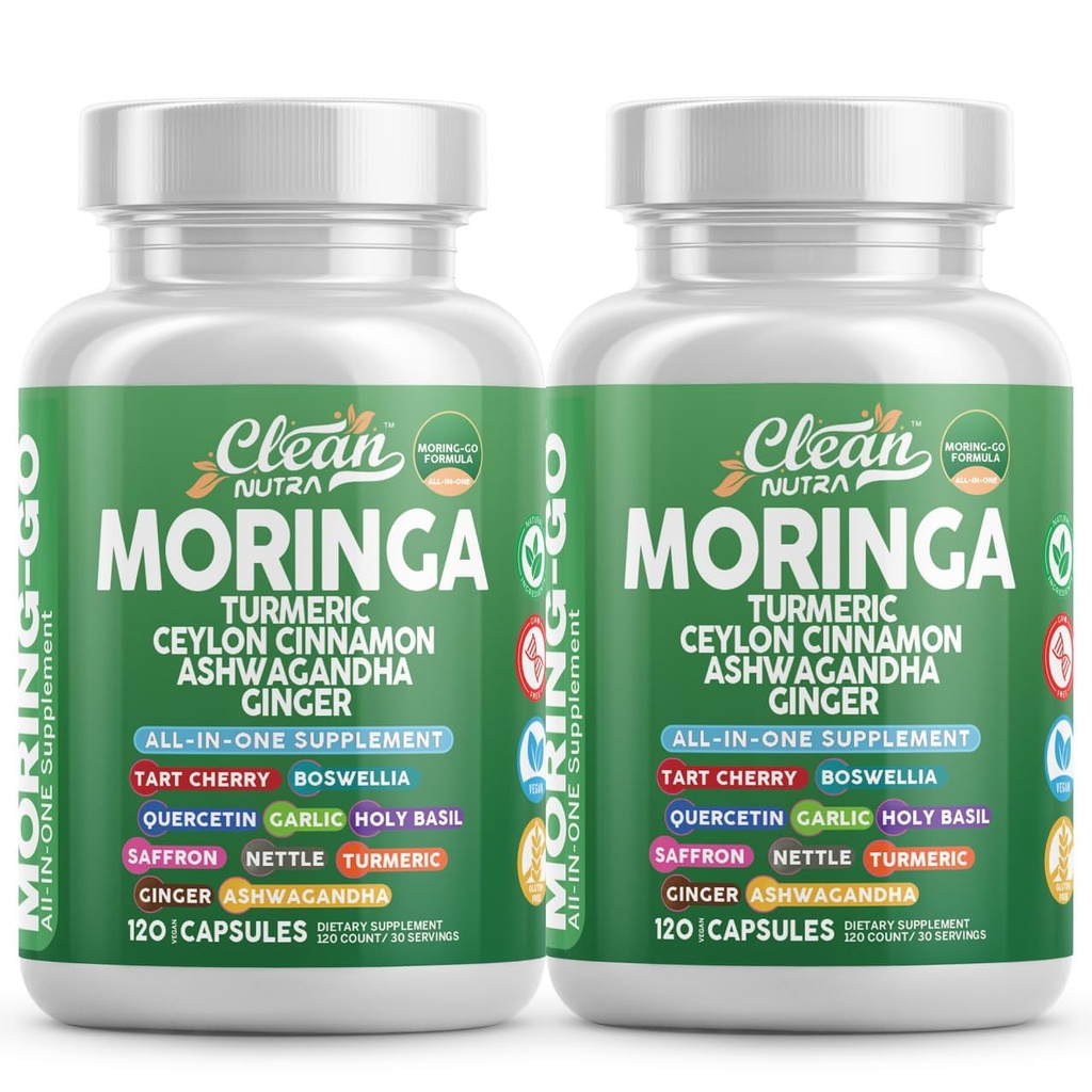 Moringa Pulber Kapslid + Kurkum Moringa Leaf Ceylon Cinnamon Ashwagandha Ingver Tart Kirs Boswellia Quercetin Küüslauk Püha Basiilik Safran Nettle Black Pepper Moring-Go Täiendus Puhas Nutra (2)