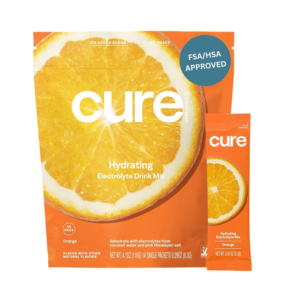 Cure Hydrating Electrolyte Mix | Pulber dehüdratsiooni leevendamiseks | FSA & HSA Abikõlblik | Valmistatud kookosveega | Ei ole lisatud suhkrut | Vegan | Paleo Sõbralik | 14 pakendit - Oranž