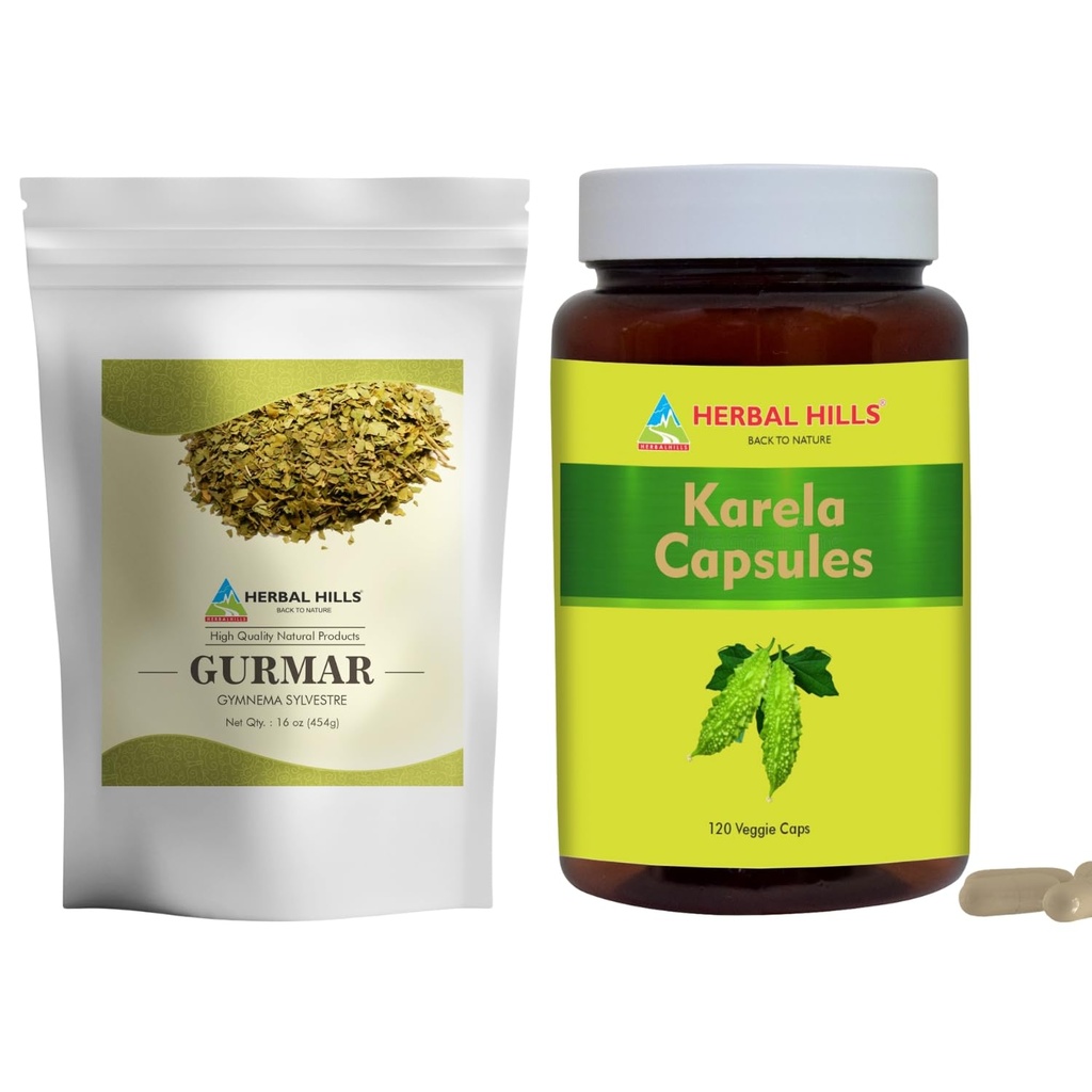 HERBAL HILLS Gurmar Tee pulber ja Karela kapslid Pakendis 2 Combo