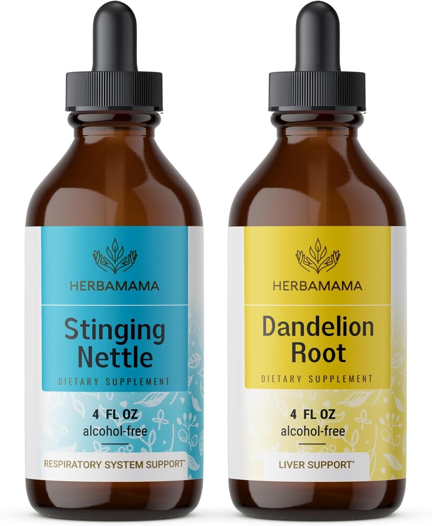 HERBAMAMA Taimne vedelik tilgad Kit - Bundle of Stinginging Nettle & Dandelion Juur Tinktuur 4 fl oz - Vegan, GMO-vaba, suhkur ja alkoholivaba - 2 Pack